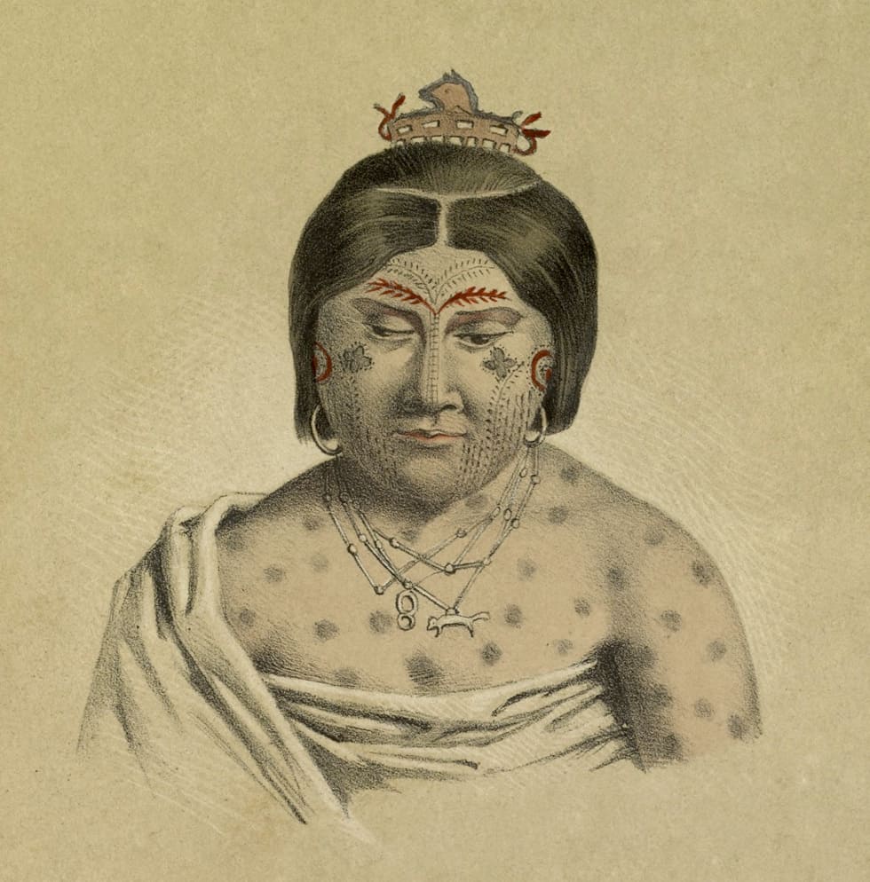 Pintura de uma mulher brasileira do povo Guaycuru. Ela usa um diadema e um colar na forma de algum animal. Seu rosto está pintado com linhas que lembram flores e folhas.